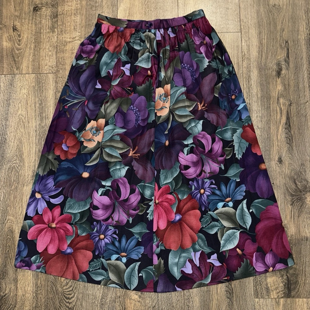 Vintage Alfred Dunner Midi Skirt Womens Sz 8 Bright Floral Dark Romantic USA - Picture 1 of 12
